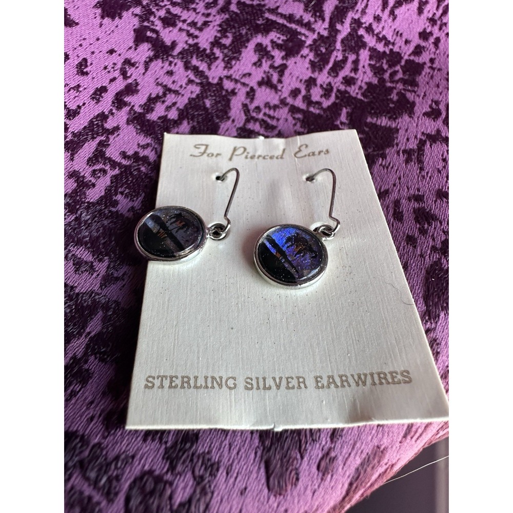 Vintage Morpho Butterfly Wing Sterling Silver Ear Hooks, New Old Stock Earrings - Picture 3 of 7